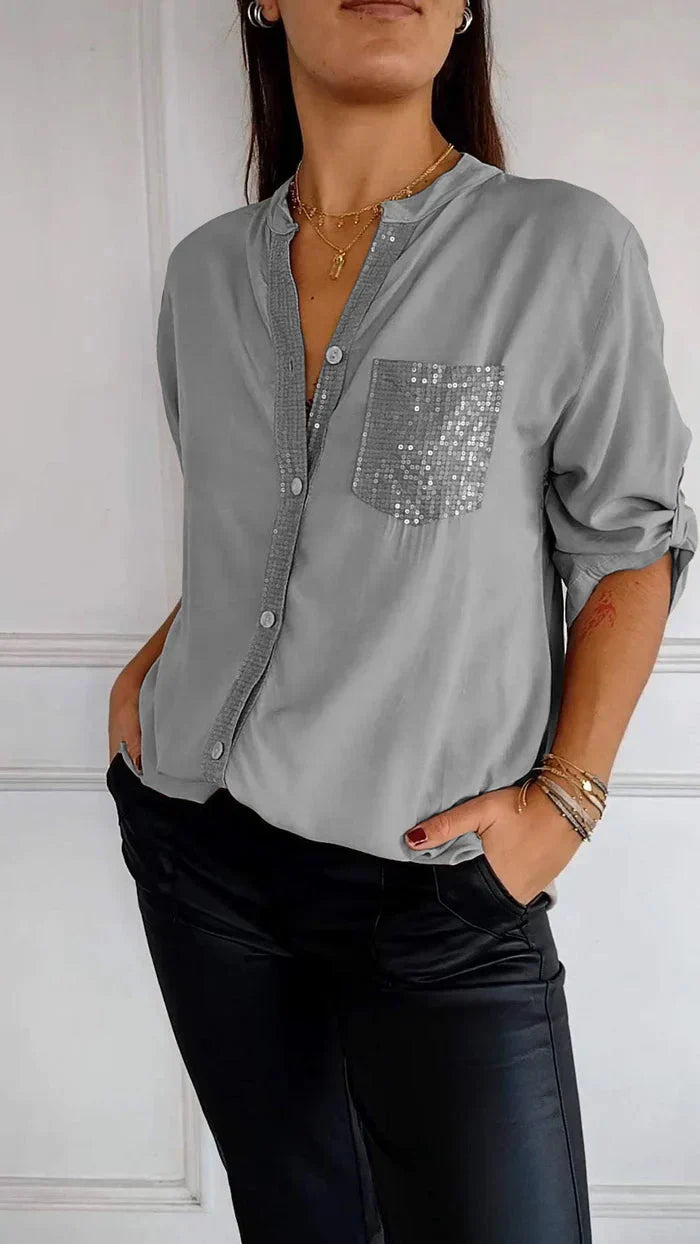 Jasmine | Elegante camiseta con cuello en V y lentejuelas brillantes para mujer.