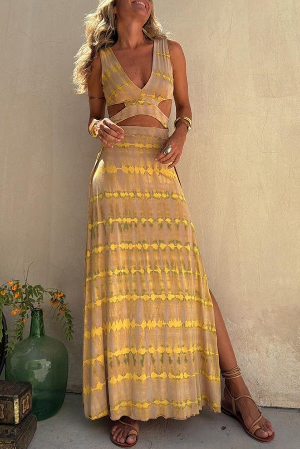 Angelica | Vestido elástico con escote estampado y abertura
