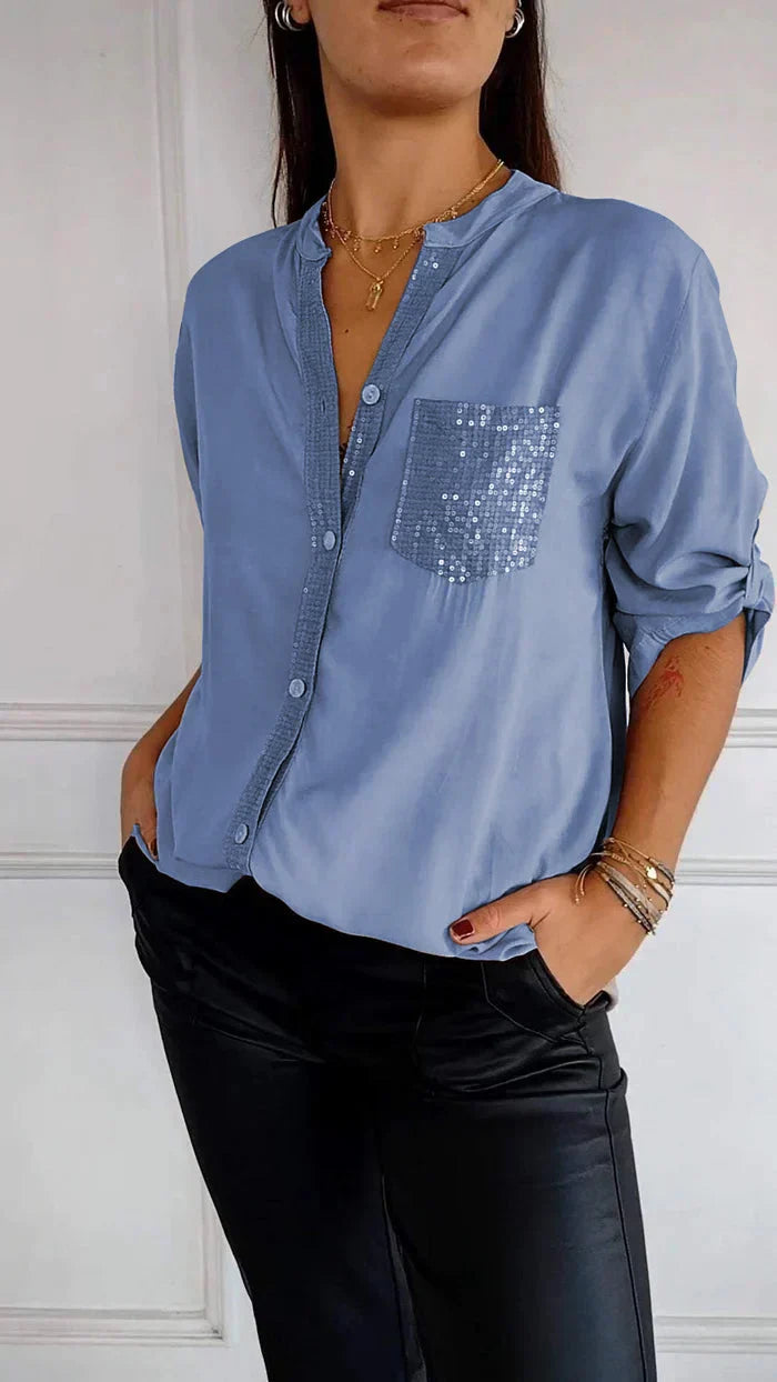 Jasmine | Elegante camiseta con cuello en V y lentejuelas brillantes para mujer.