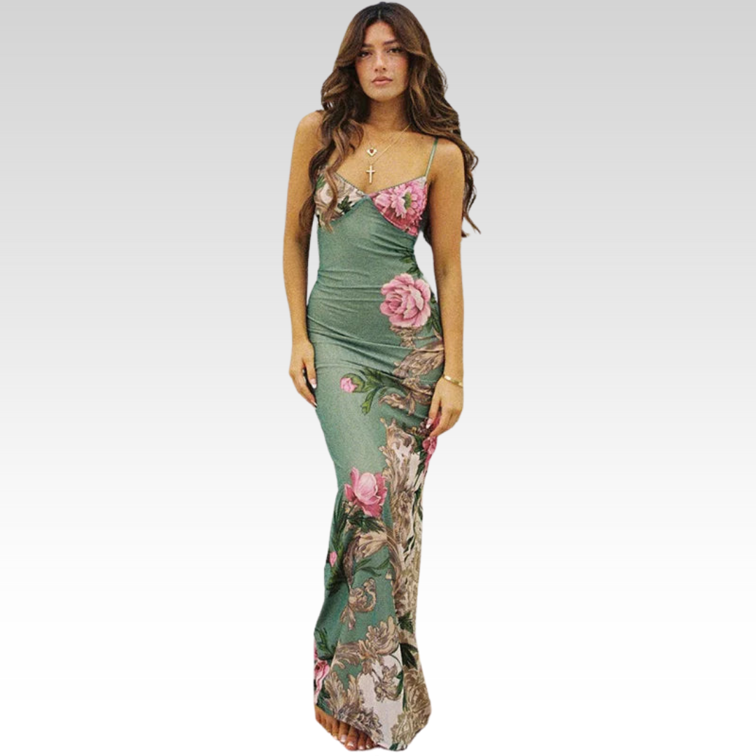 Lianna | Vestido largo con detalles florales en rosa