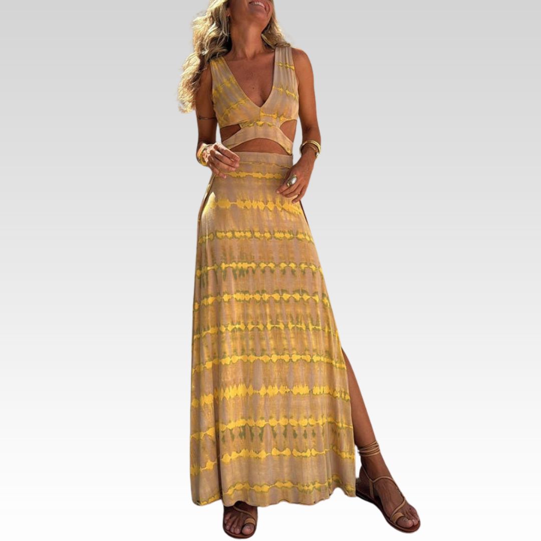 Angelica | Vestido elástico con escote estampado y abertura
